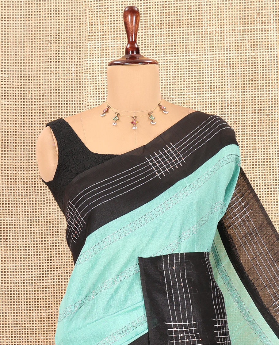 Sea Blue Zari Design Semi-Raw Silk Saree, a Contrast Checked Design Border, a Contrast Pallu, and a Contrast Blouse