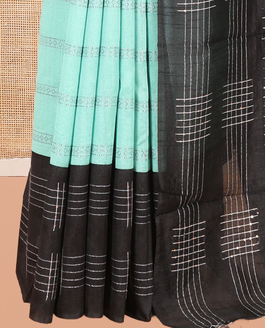 Sea Blue Zari Design Semi-Raw Silk Saree, a Contrast Checked Design Border, a Contrast Pallu, and a Contrast Blouse