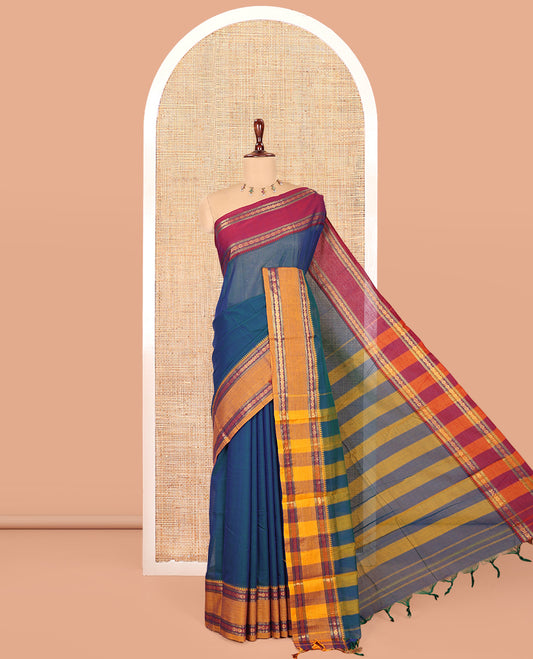 Blue Plain Mercerised Cotton Saree, Contrast Ganga-Jamuna Temple Rudraksha Border, Striped Pallu, and a Matching Blouse