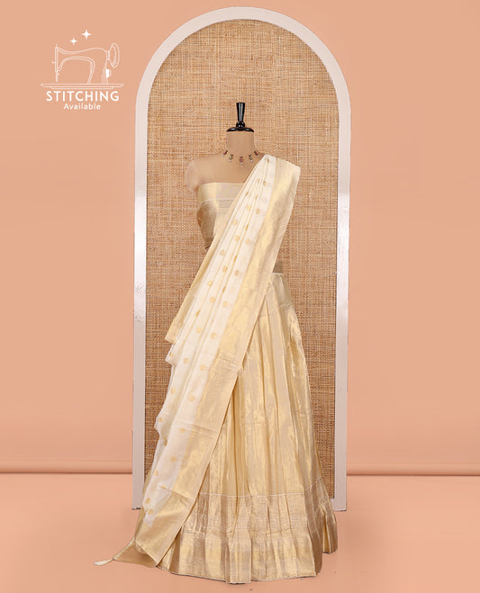 Gold Half-Saree Set Featuring Golden Tissue-Silk Skirt, Traditional Zari Border, Matching Blouse, Semi-Banarasi Dhavani