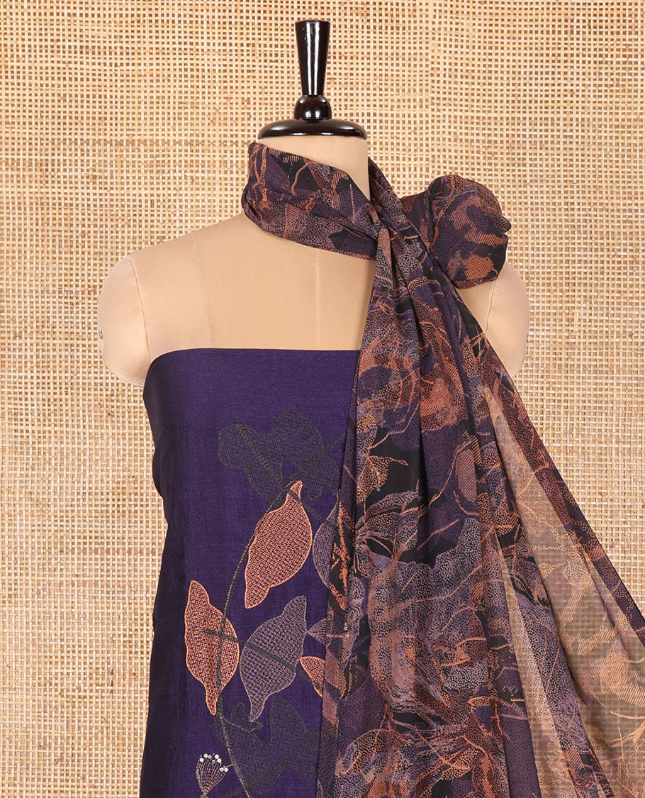 Violet Vichitra Silk Designer Material Chudidar Set, Uniquely Decorated with Floral Cross-Stiched Embroidered Top, A Subtly Plain Santoon Bottom, and Paired with a Georgette Abstract Printed Dupatta
