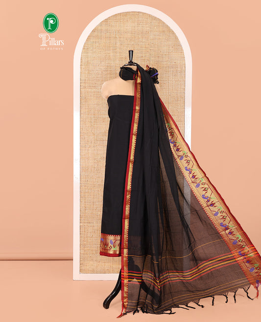 Black Mercerised Cotton Material Chudidar Set, Mesmerized with Paithani Bordered Top, a Mercerised Cotton Bottom, and Paired with a Matching Mercerised Cotton Paithani Bordered Dupatta