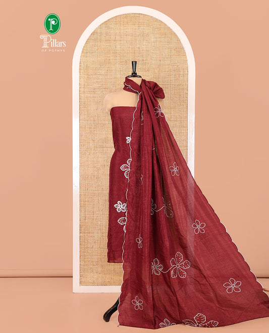 Maroon Material Chudidar Set, Delicately Woven with Floral Thread Embroidered Mul Chanderi Top, a Mul Chanderi Bottom, Paired with Floral Thread-Embroidered Mul Chanderi Dupatta