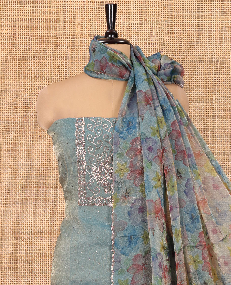 Sea Blue Moss Organza Material Chudidar Set, Finely Crafted with Stonework Top, a Plain Bottom, and Floral Printed Scallop-Stonework Bordered Dupatta