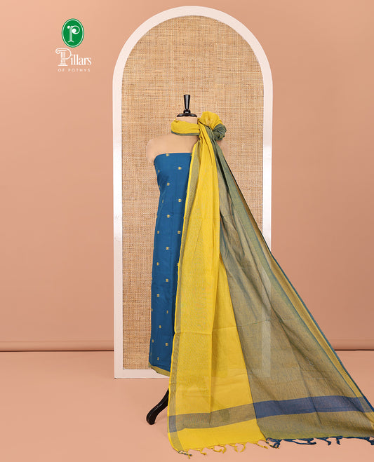 Peacock Blue Handloom Cotton Material Chudidar, Buttas Woven Top, a Plain Bottom, and Contrast Dupatta