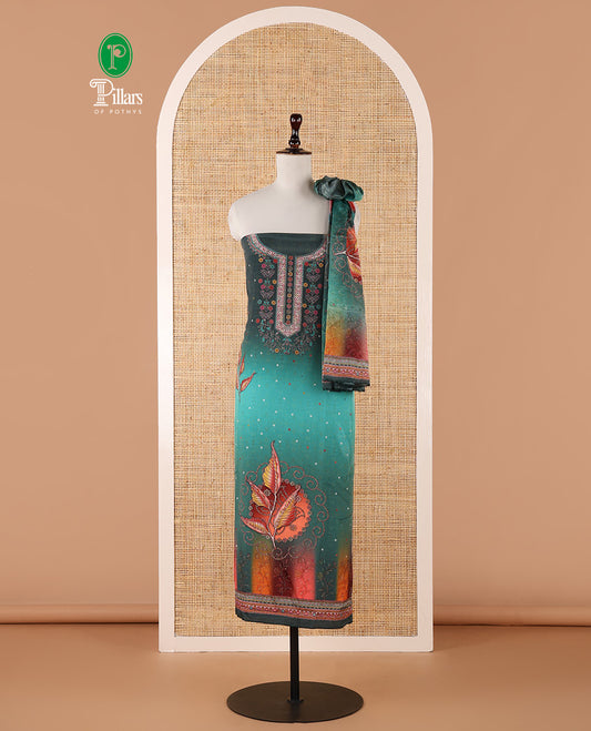 Bottle green chudidar material set, double-shaded daman flower design print with stone work crepe top, leaf motif print & lace work kaleidoscopic-colored chinon dupatta & plain crepe bottom