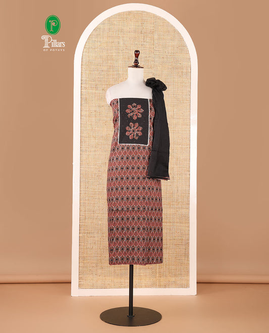 Brown material chudidar set,ajrakh print & neck hakoba embroidery soft cotton top,plain cotton bottom & contrast ajrakh patchwork kota dupatta