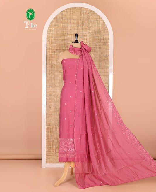 Pink material chudidar set, Kashmir embroidered and sequins work mul chanderi top, plain santoon bottom, and scallop embroidered dupatta