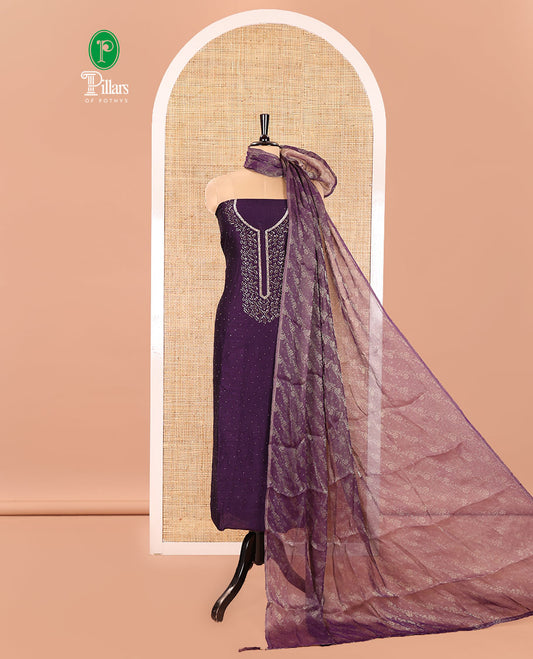 Violet Vichitra Silk Material Churidar Set, Prettified with Swarovski Stone Work and Neck Work Top, Comes with a Plain Santoon Bottom, and Is Paired with Nc Moss Organza Floral Jaal Design Dupatta