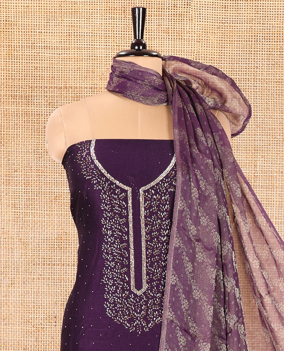 Violet Vichitra Silk Material Churidar Set, Prettified with Swarovski Stone Work and Neck Work Top, Comes with a Plain Santoon Bottom, and Is Paired with Nc Moss Organza Floral Jaal Design Dupatta