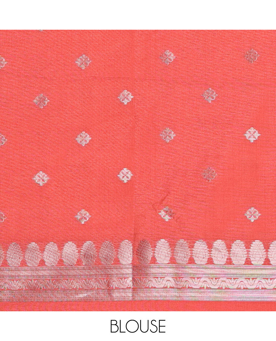 Borderless, rust orange striped, and zari traditional kanchi motifs fancy tussar saree, intricately zari-woven pallu, and a matching zari buttas woven blouse