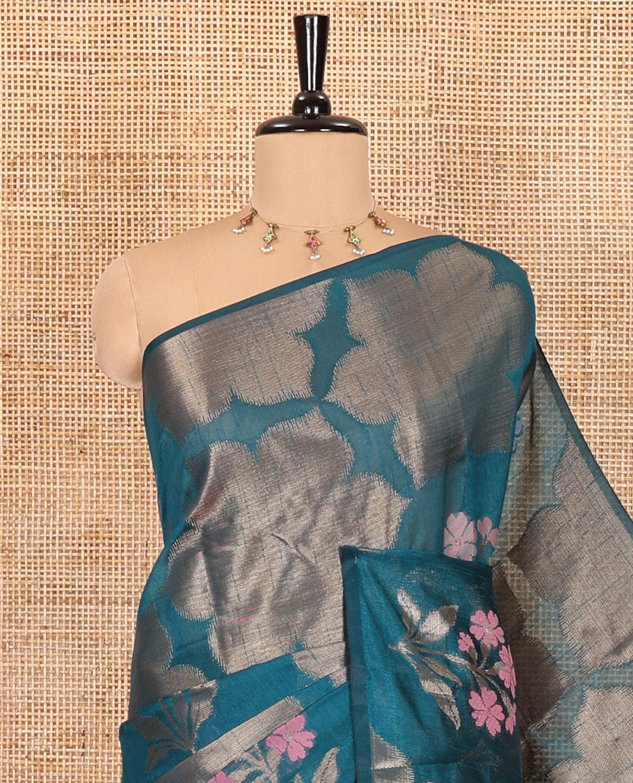 Borderless rama green zari 6-petal flowers, and colorful floral motifs woven fancy tussar saree, jaal pallu, and a matching jacquard blouse