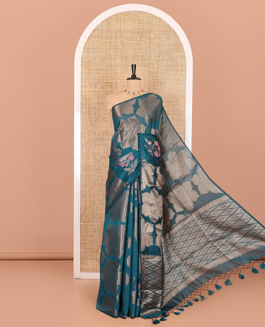 Borderless rama green zari 6-petal flowers, and colorful floral motifs woven fancy tussar saree, jaal pallu, and a matching jacquard blouse