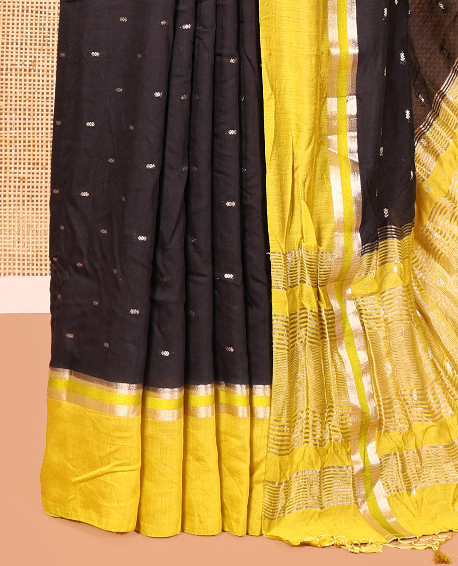 Black Assam Silk Saree, Ornamented with Zari Buttas on Its Body, Complemented by Contrast Zari Striped Border, Pallu Steeped with Gleaming Zari Stripes and Buttas, and Paired with a Contrast Blouse