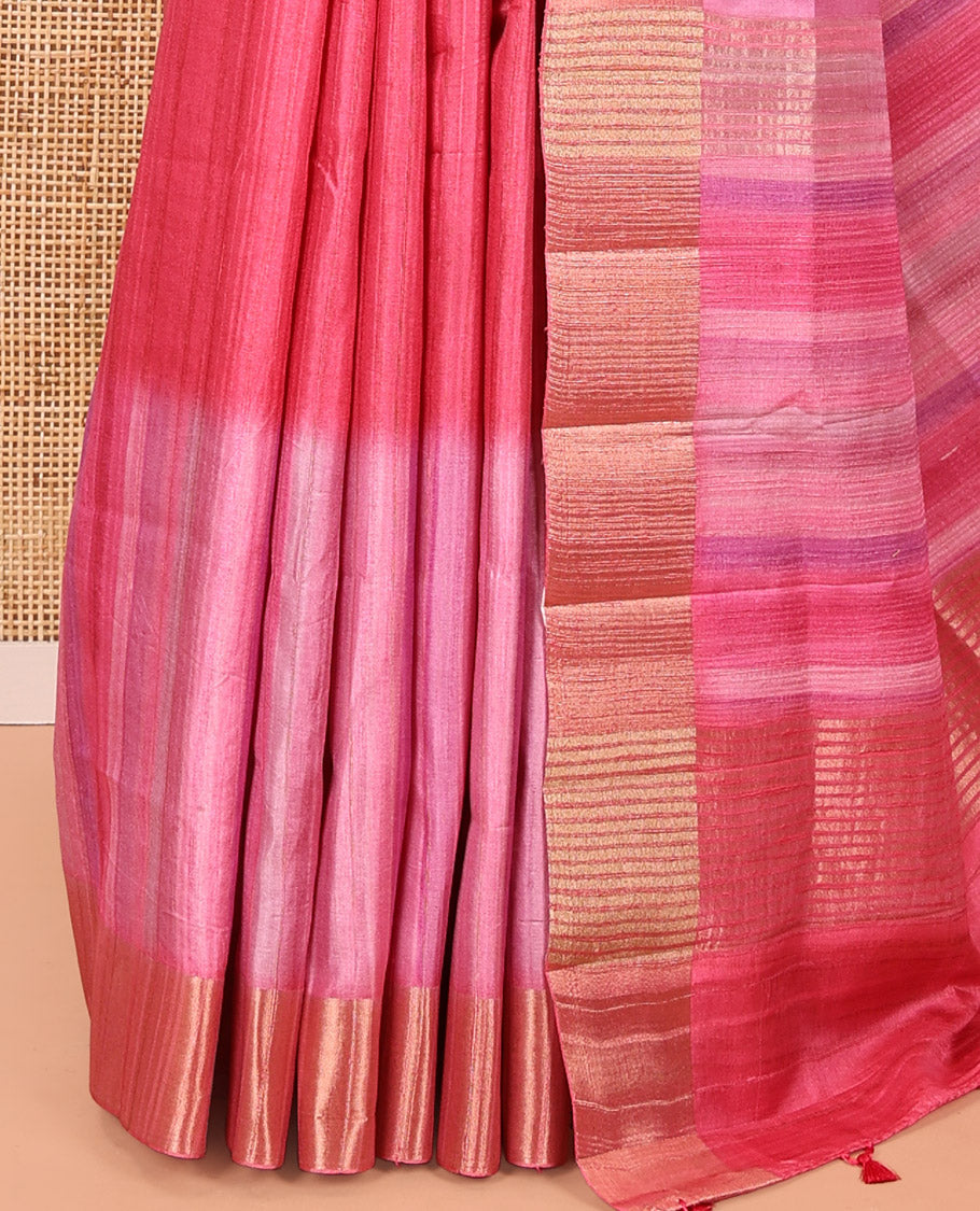 Pink Plain Fancy Tussar Saree, Highlighted by a Zari Bavanji Handbrush Painting-Style Striped Border, Striped Pallu, and Paired with a Matching Blouse