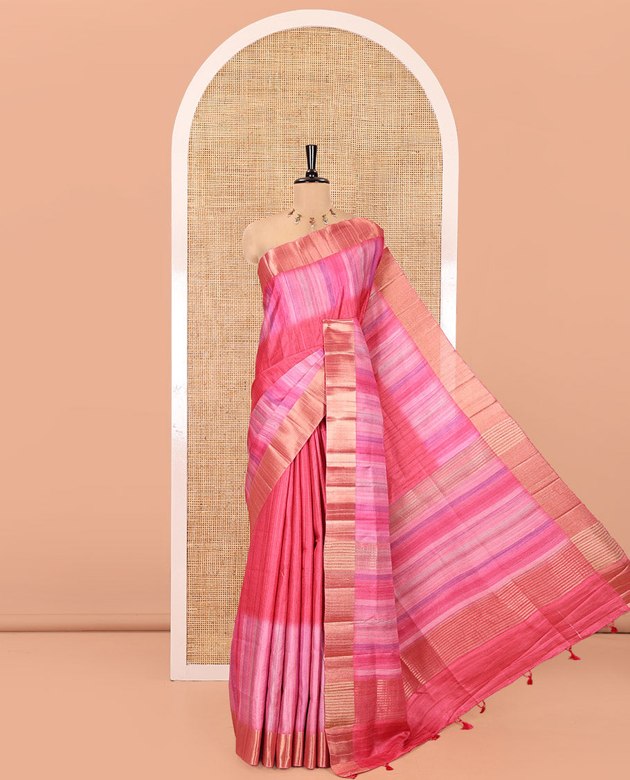 Pink Plain Fancy Tussar Saree, Highlighted by a Zari Bavanji Handbrush Painting-Style Striped Border, Striped Pallu, and Paired with a Matching Blouse