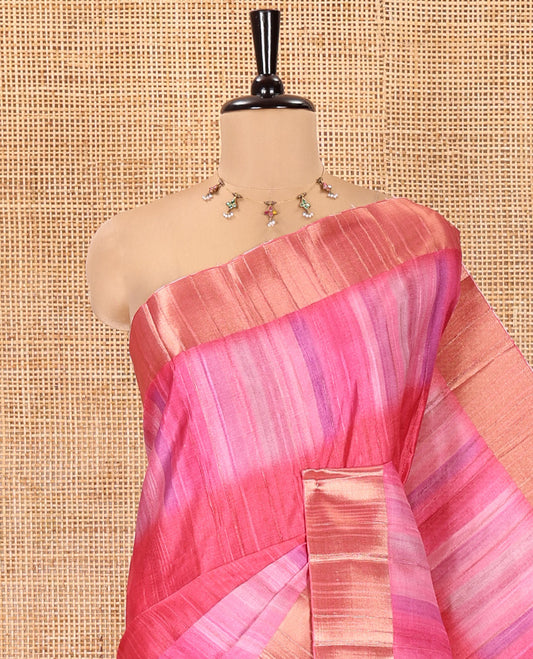 Pink Plain Fancy Tussar Saree, Highlighted by a Zari Bavanji Handbrush Painting-Style Striped Border, Striped Pallu, and Paired with a Matching Blouse