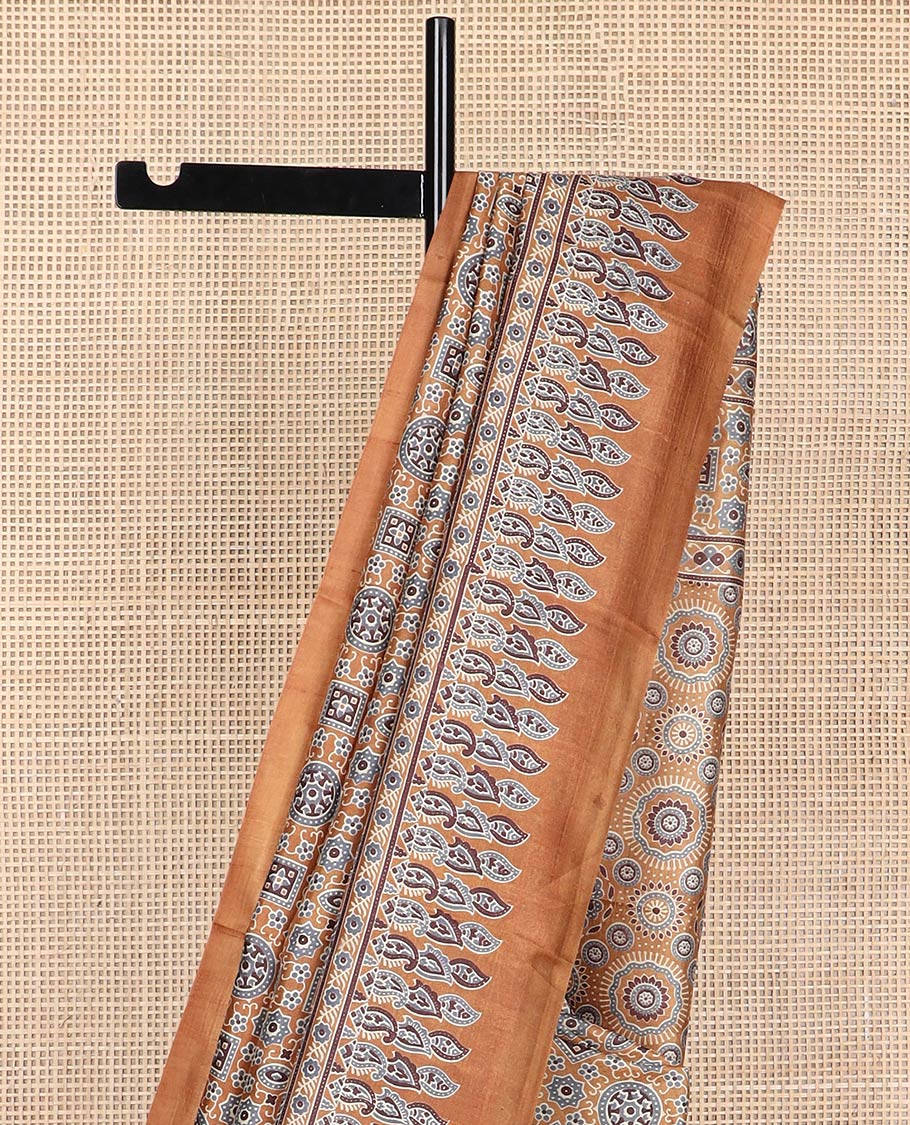 Brown ajrak style floral design printed silk saree with contrast border