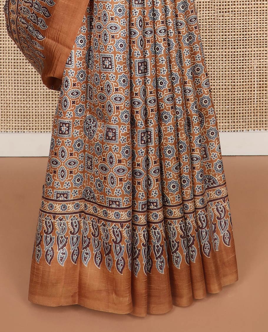 Brown ajrak style floral design printed silk saree with contrast border