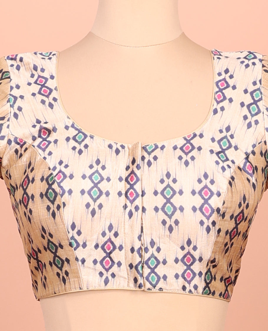Cream Readymade Blouse Featuring Ikat Print, a Front Round-Neck, Back Round-Neck, and Half-Sleeves
