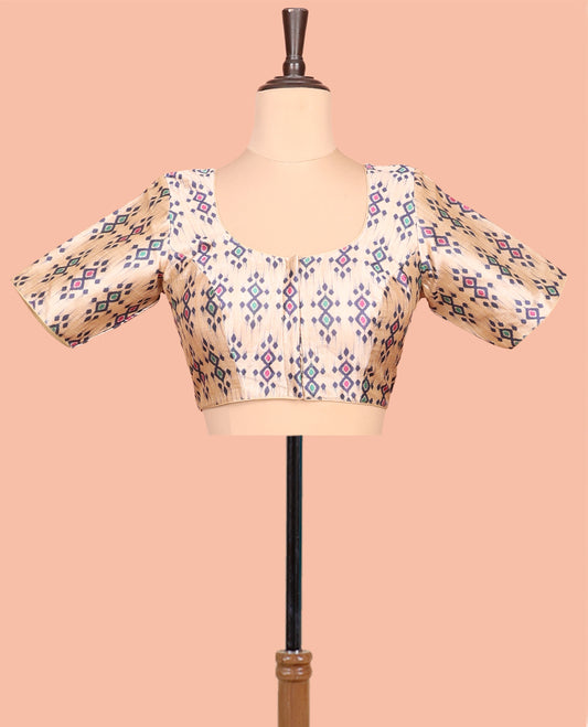 Cream Readymade Blouse Featuring Ikat Print, a Front Round-Neck, Back Round-Neck, and Half-Sleeves