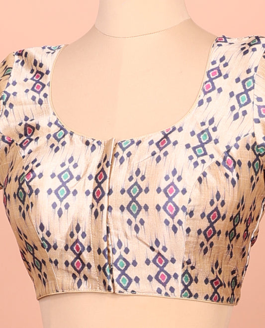 Cream Readymade Blouse Featuring Ikat Print, a Front Round-Neck, Back Round-Neck, and Half-Sleeves