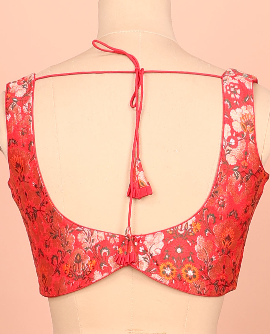 Red floral meenakari jacquard front-back V-neck sleeveless readymade blouse