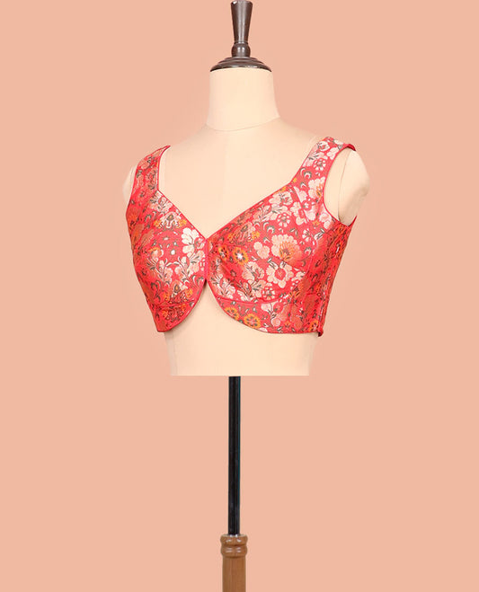 Red floral meenakari jacquard front-back V-neck sleeveless readymade blouse