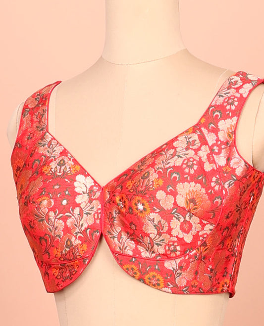 Red floral meenakari jacquard front-back V-neck sleeveless readymade blouse