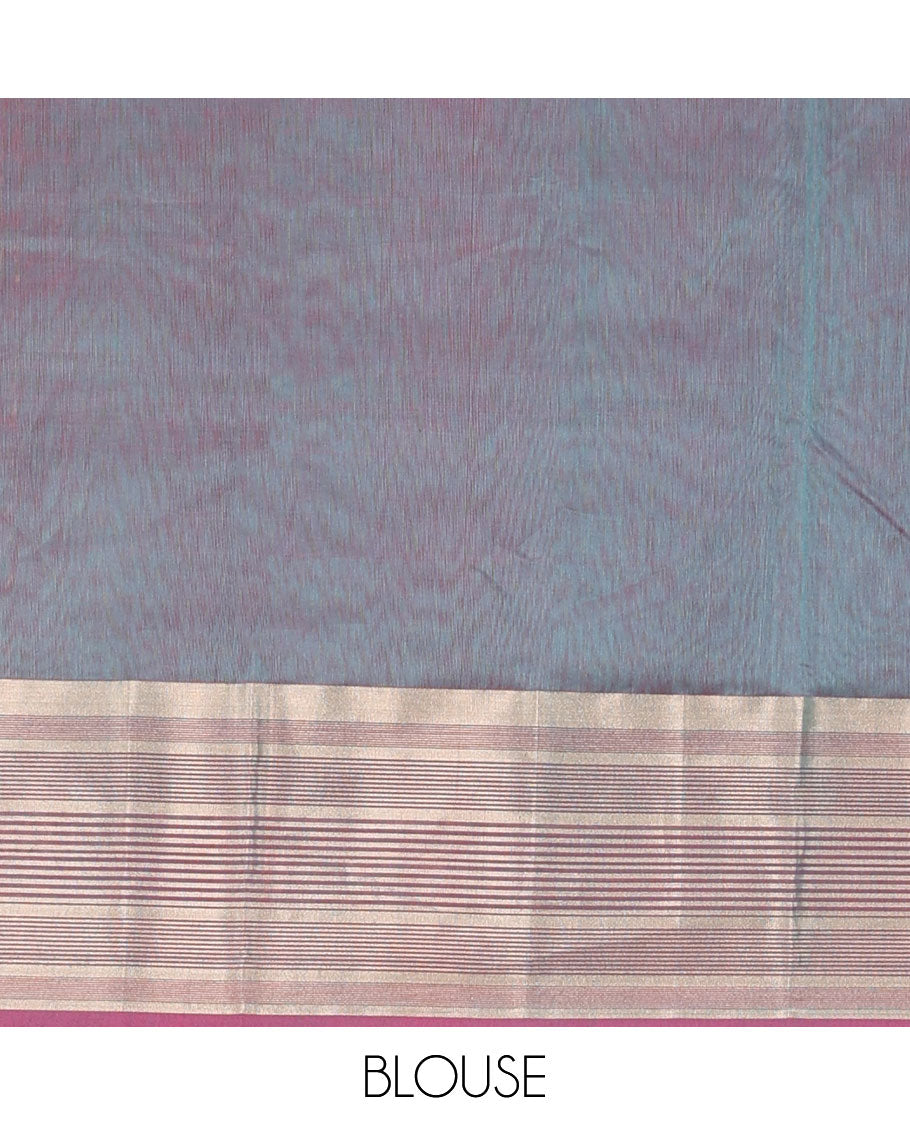 Blue plain silk cotton saree, contrast striped border, and plain pallu