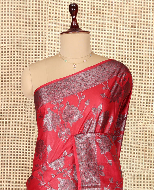 Red Tusser Silk Saree, Decorated with Floral Jaal Jacquard Design, a Zari Border, Intricate Pallu, and a Matching Blouse