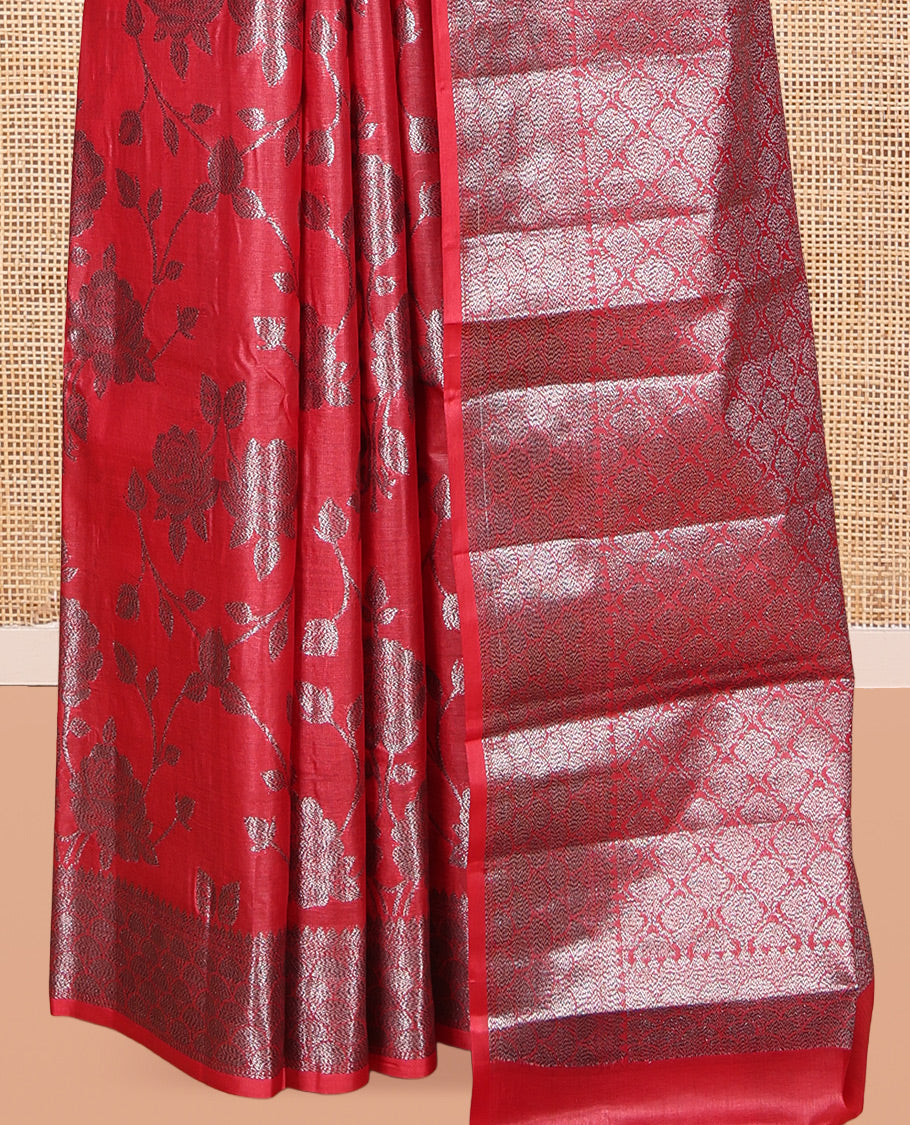 Red Tusser Silk Saree, Decorated with Floral Jaal Jacquard Design, a Zari Border, Intricate Pallu, and a Matching Blouse