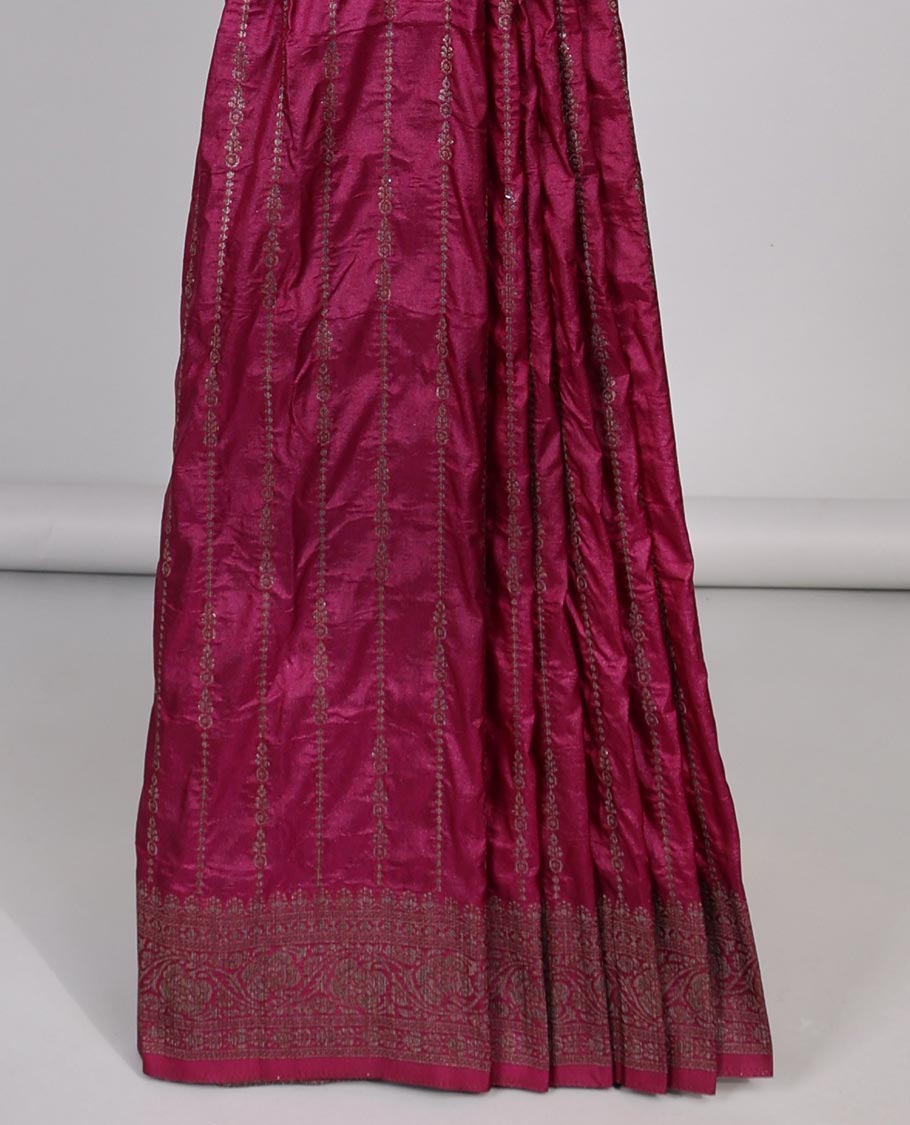 Maroon striped semi- banaras tussar saree with self zari border & intricate zari design pallu