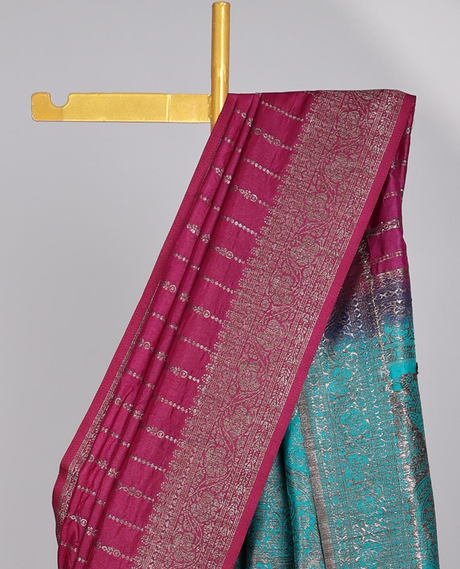Maroon striped semi- banaras tussar saree with self zari border & intricate zari design pallu