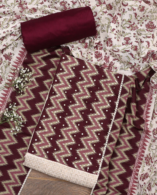 Sandal and maroon color material chudidar set, checks with neck ikkat embroidered top, plain bottom, and floral and chevron printed dupatta