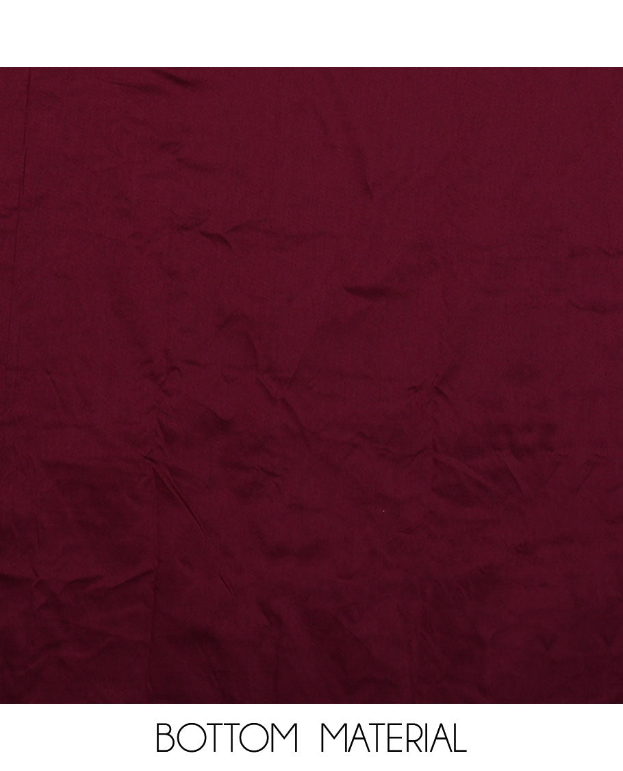 Sandal and maroon color material chudidar set, checks with neck ikkat embroidered top, plain bottom, and floral and chevron printed dupatta