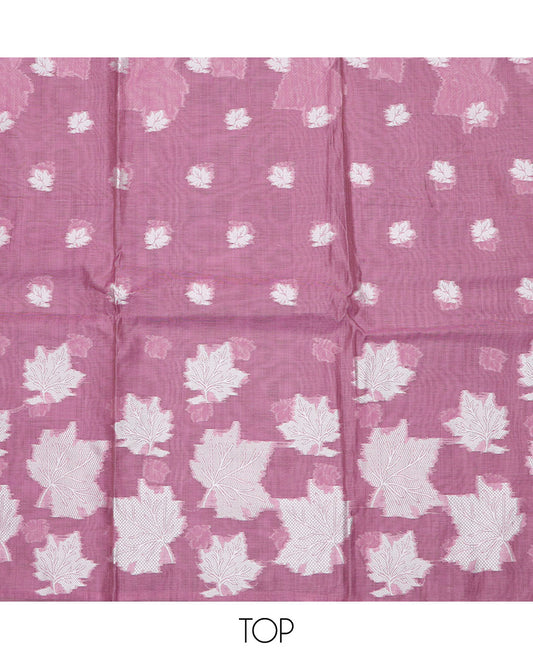 Onion pink material churidar set, leaf motifs top, plain bottom, and a dupatta steeped with leaf motifs