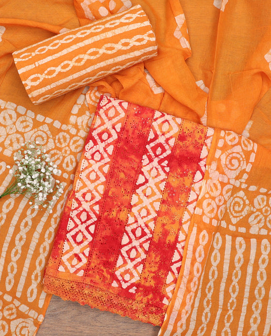 orange chudidhar material set geometric batik printed with embroidery top , batik printed bottom & geometric batik printed dupatta