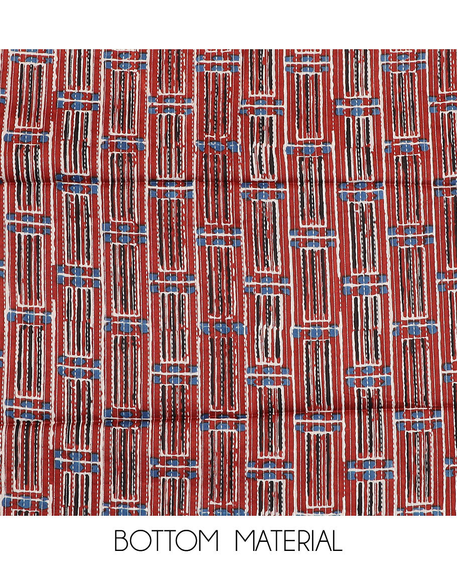 Terracotta red material chudidar set, batik leheriya striped with mirror embroidered top, printed bottom and batik printed dupatta