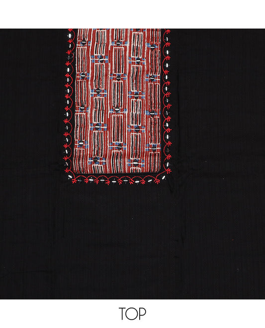 Terracotta red material chudidar set, batik leheriya striped with mirror embroidered top, printed bottom and batik printed dupatta