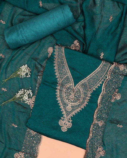 Green chudidhar material set floral embroidered top, plain bottom & floral embroidered dupatta