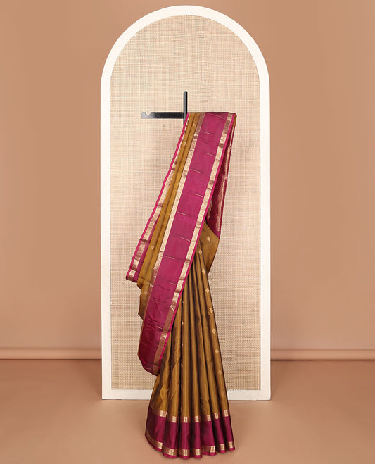 Mustard vasundhara elite silk saree with zari buttas, contrast border of manga,kathir,muthu & kodi visiry & pallu of chakra butta enclosed jaal