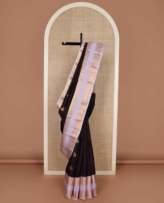 Brown zari buttas Vasundhara silk mix saree, contrast border of thilakam, neli, muthu, and mayil designs, and jaal pallu