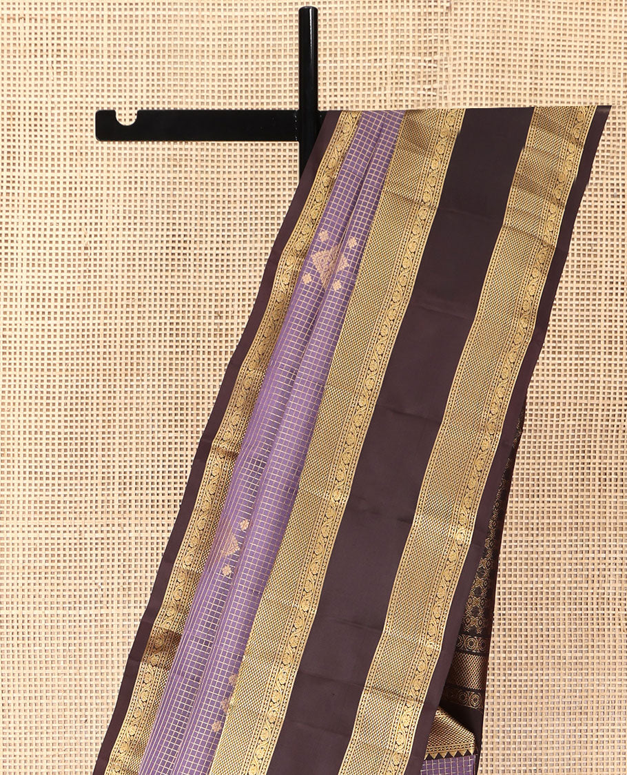 Purple Vasundhara Silk Saree, Bedecked with Zari Buttas and Micro-Checked Design All Over Its Body, Complemented by a Contrast Border of Rekku, Neli, Mayil Kann, and Kodi Visiry Designs, Gleaming Zari Pallu, and Paired with a Contrast Blouse