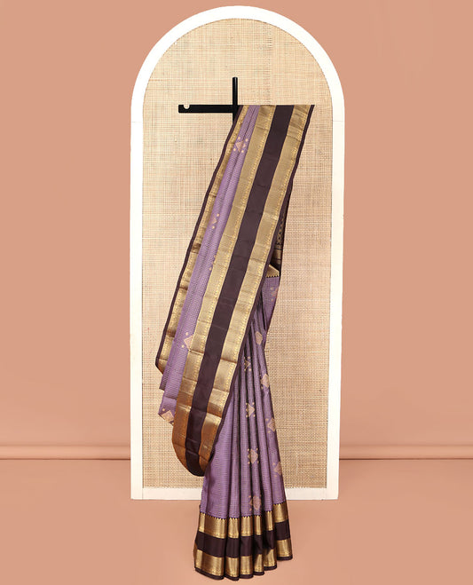 Purple Vasundhara Silk Saree, Bedecked with Zari Buttas and Micro-Checked Design All Over Its Body, Complemented by a Contrast Border of Rekku, Neli, Mayil Kann, and Kodi Visiry Designs, Gleaming Zari Pallu, and Paired with a Contrast Blouse