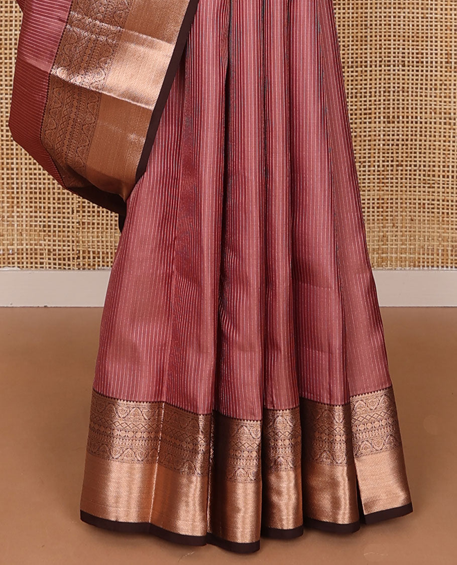 Pink striped silk saree, contrast border of rekku, muthu, dhavana kodi, diamond, rudraksham, neli, vanki design & jaal pallu