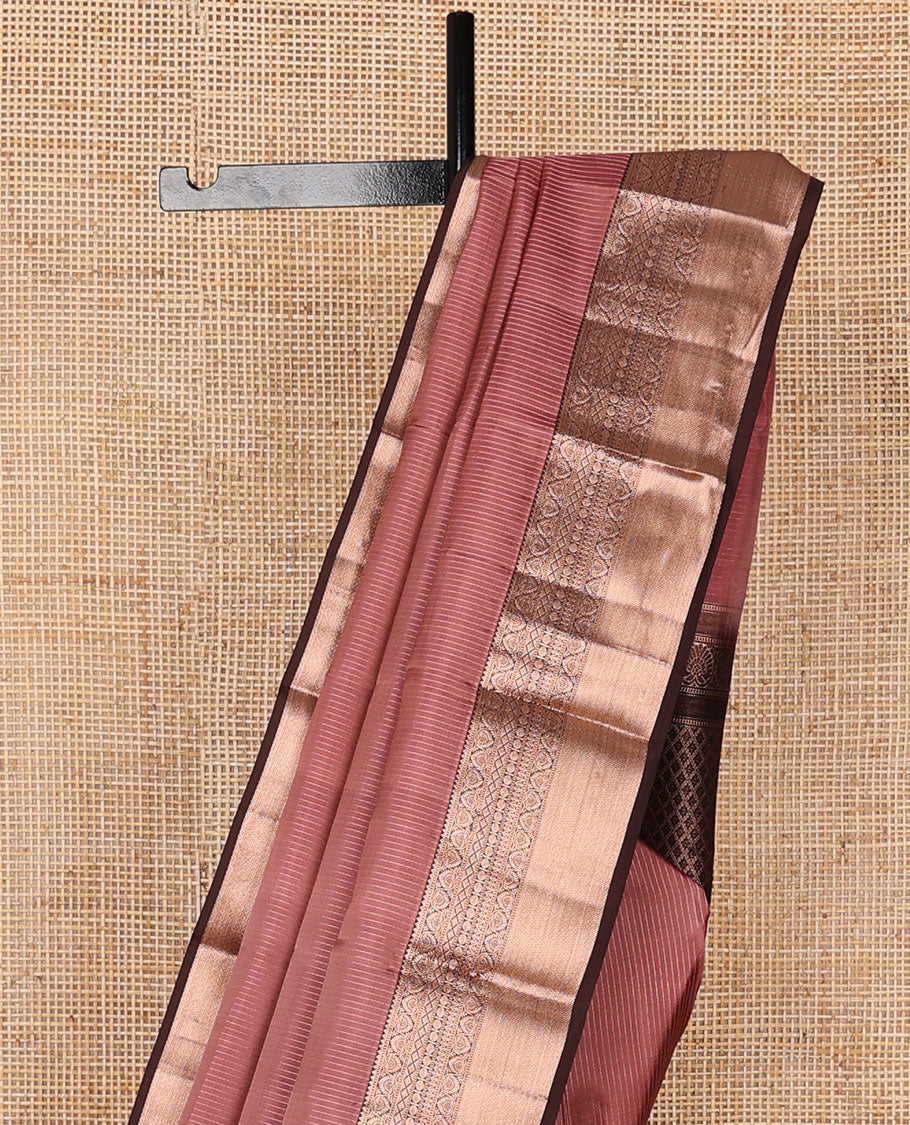 Pink striped silk saree, contrast border of rekku, muthu, dhavana kodi, diamond, rudraksham, neli, vanki design & jaal pallu