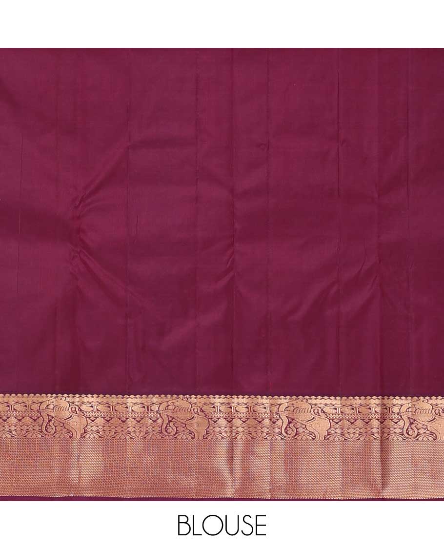 Yellow mayil and yaanai buttas silk saree, contrast border of thilakam mokku, neli, manga and yaali designs and jaal pallu