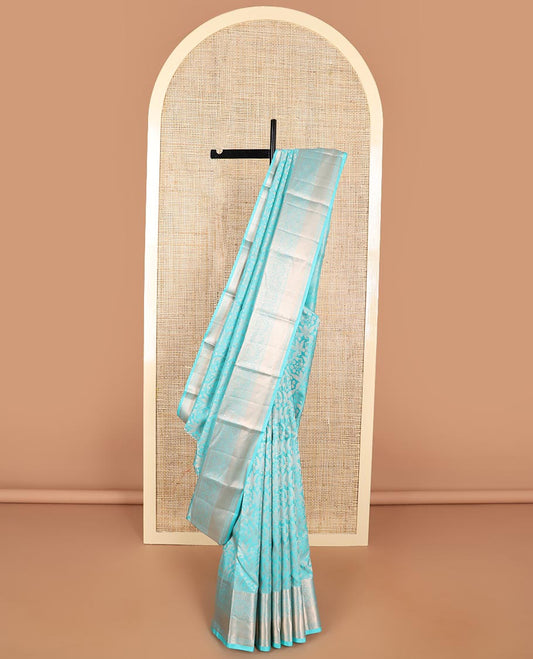 Light blue floral jaal design kancheepuram silk saree with self floral design border & jaal design pallu