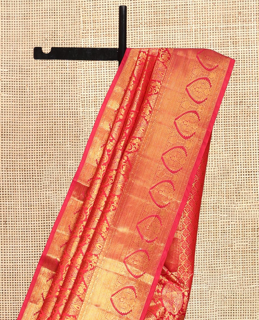 Red Kanchipuram Wedding Silk Saree, Highlighted with Jacquard Design, Zari Border of Traditional Designs, Grand Pallu, and Matching Blouse